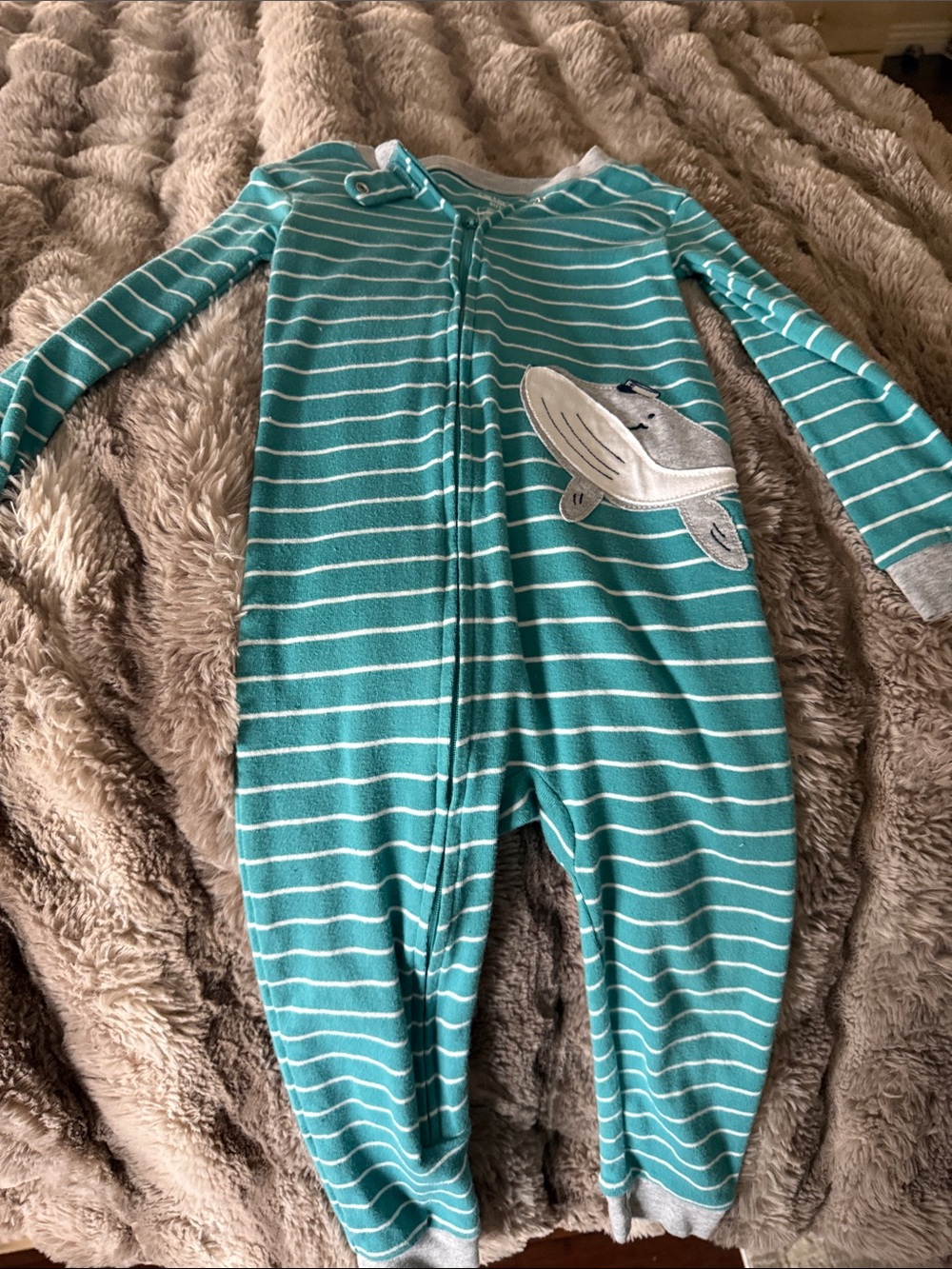 Carter's Teal Stripe Footed One-Piece Pajamas with Whale Applique